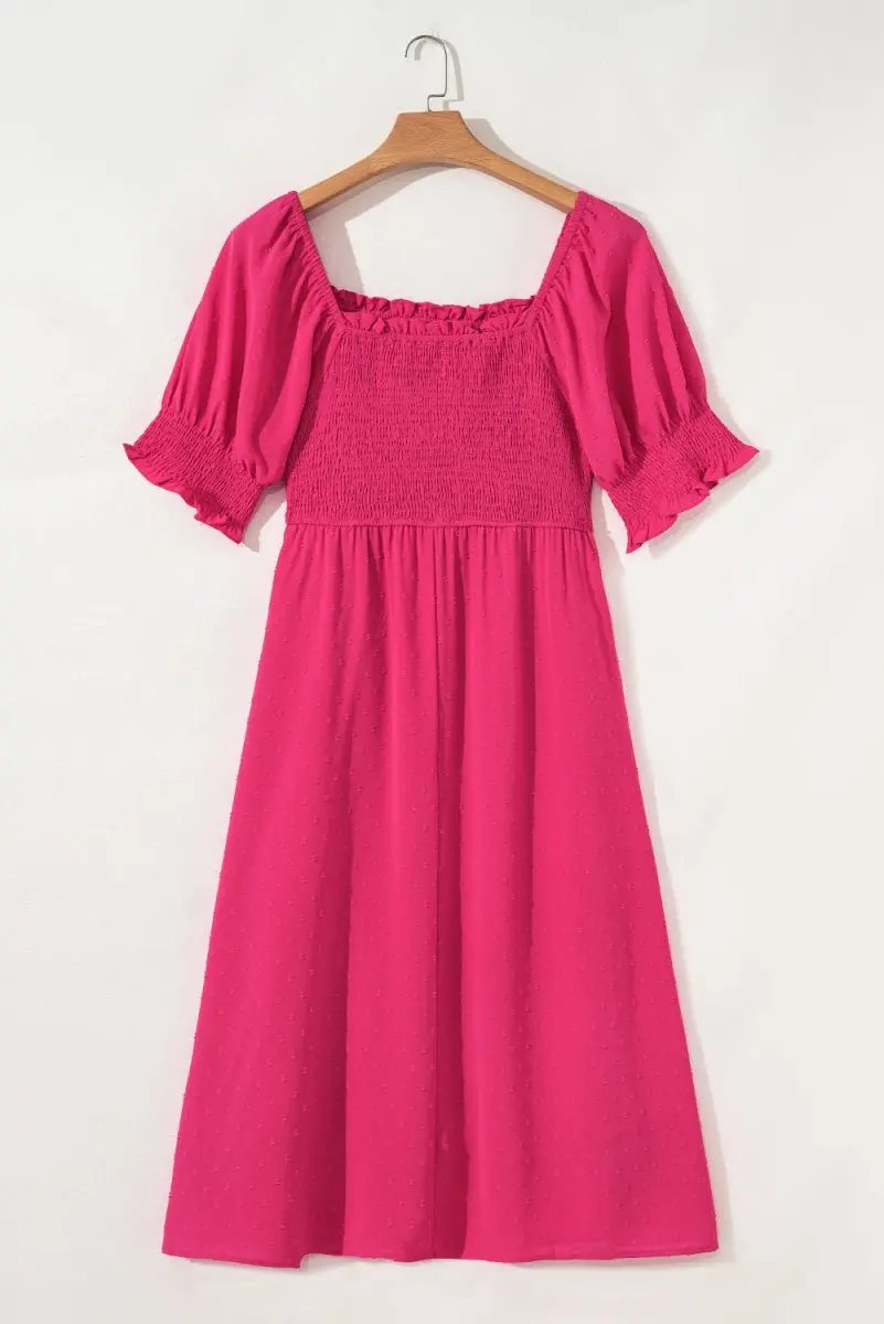 Sachet Pink Swiss Dot Smocked Frilled Neckline Plus Size Dress - Love Salve